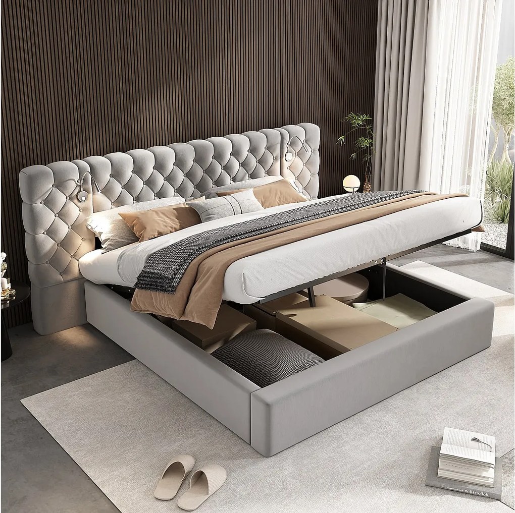 Łóżko ze schowkiem 180 x 200 cm z dużym wezgłowiem i lampką nocną - Aksamit - Kolor szary (Bez materaca)