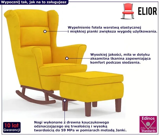 Żółty stylowy fotel wypoczynkowy bujany + podnóżek W0-L95