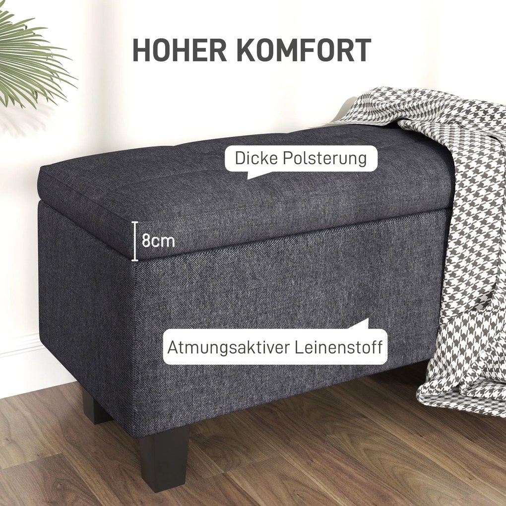 HOMCOM Tapicerowana Ławka z Miejscem do Przechowywania w Wyglądzie Lnu, z Nogami z Drewna Kauczukowego, do Salonu, Sypialni, Przedpokoju, Ciemnoszary