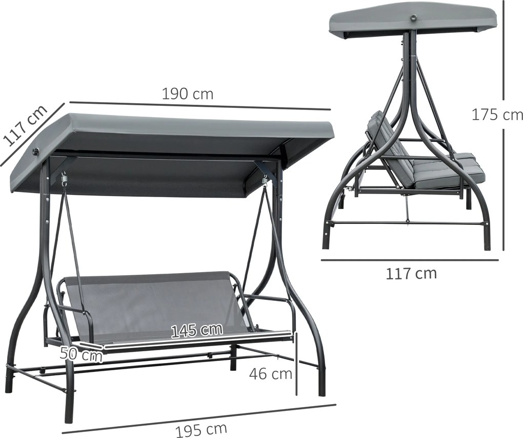 Outsunny Ławka Huśtawkowa, Huśtawka Hollywood z Ochroną Przeciwsłoneczną, Huśtawka Ogrodowa, Huśtawka na Werandę, 3 Miejsca, Łóżko Huśtawkowe