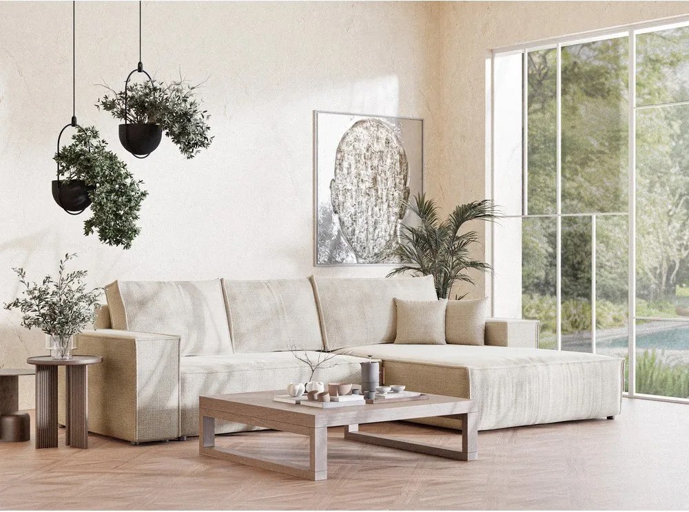 Kremowy rozkładany/ze schowkiem narożnik z tkaniny szenilowej (prawostronny/z szezlongiem) Maze – Maison de Rêve