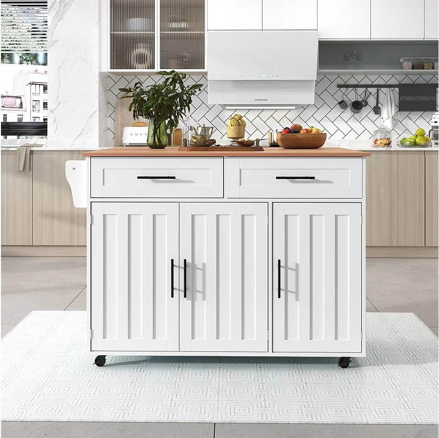 Mobilna wyspa kuchenna ze składanym blatem, 3 drzwiami i 2 szufladami do przechowywania - Biały