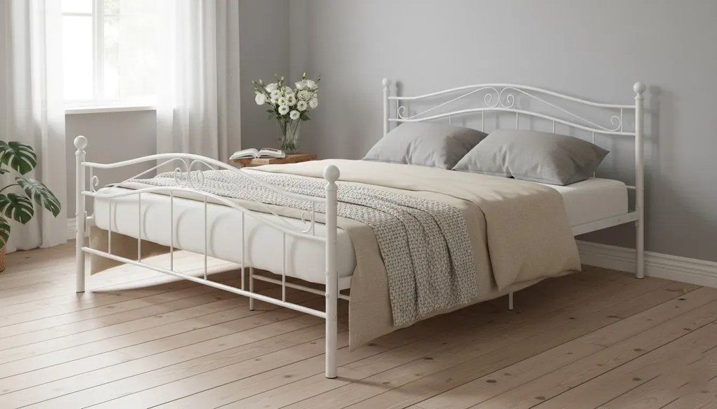 Białe duże łóżko metalowe z zagłówkiem 180x200 cm W5-S61