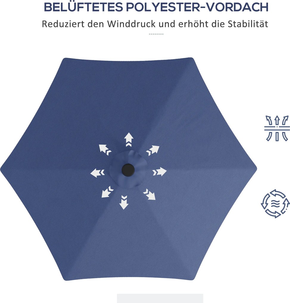 Outsunny Parasol ogrodowy, parasol z lampkami LED, modułem słonecznym, odporny na pogodę, z pokrowcem, Ø290 x 260 cm, Granatowy