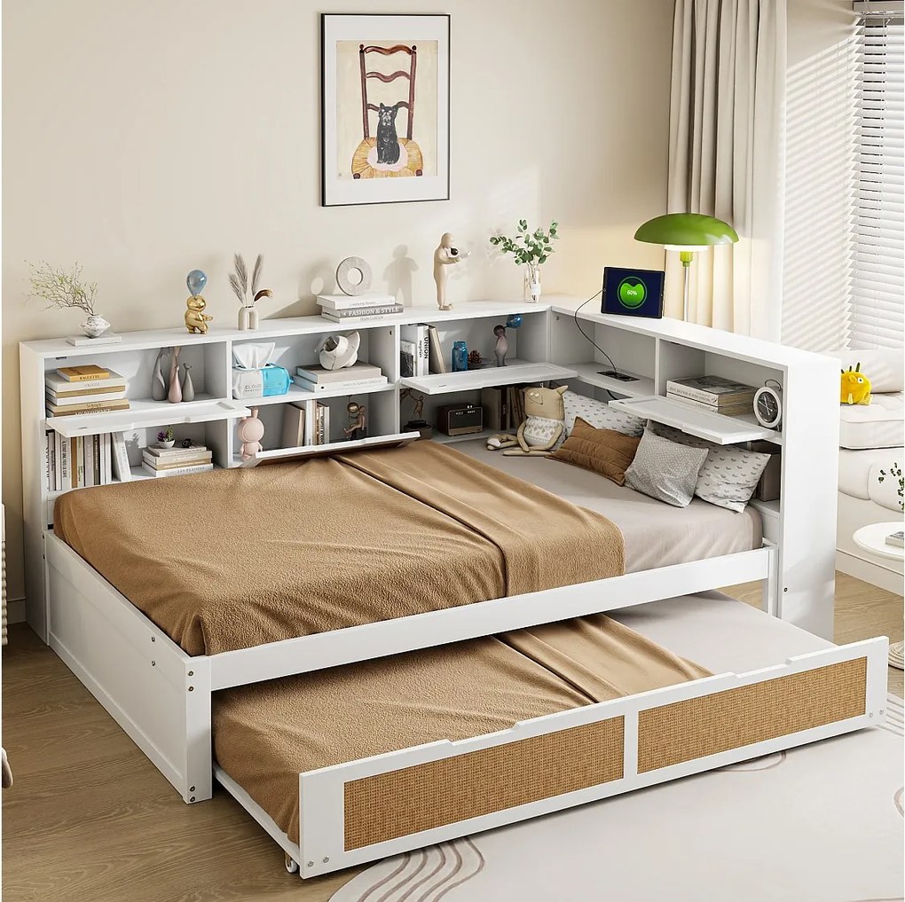 Łóżko z pojemnikiem 140x200 cm - z gniazdem USB i półkami - drewno - białe