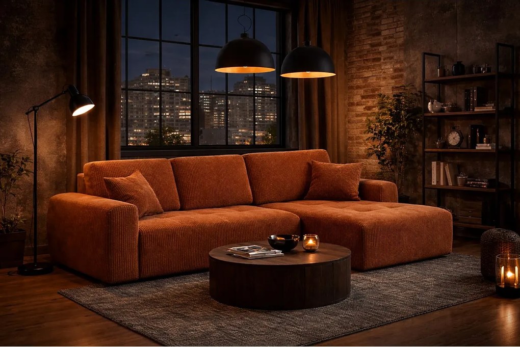 Narożnik w kształcie L z funkcją spania i pojemnikiem Ivo L, tkanina sztruksowa Poso, Miedziany, Prawy