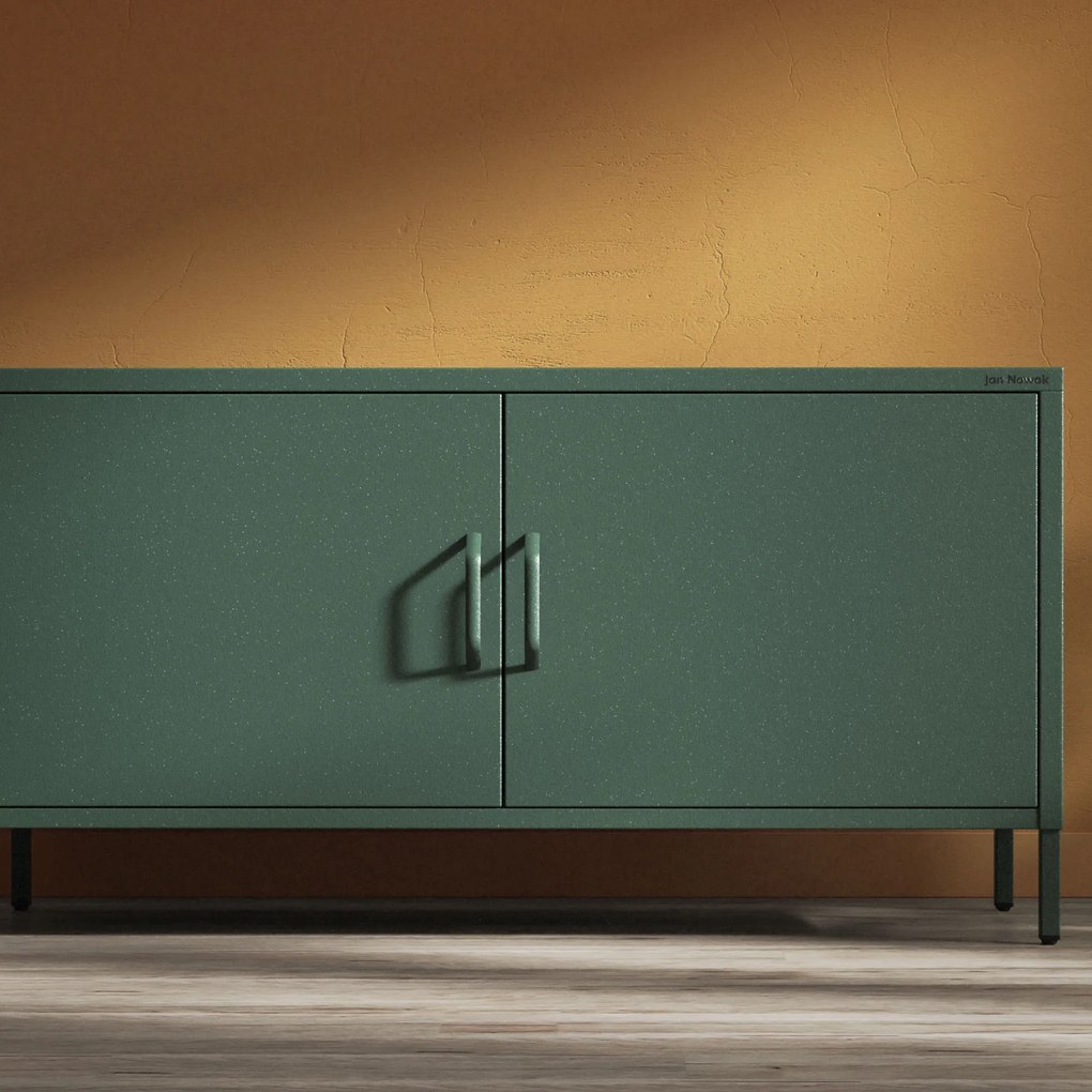 Szafka RTV metalowa na nóżkach butelkowa zieleń, 1150x595x400 mm: ROSA Modern