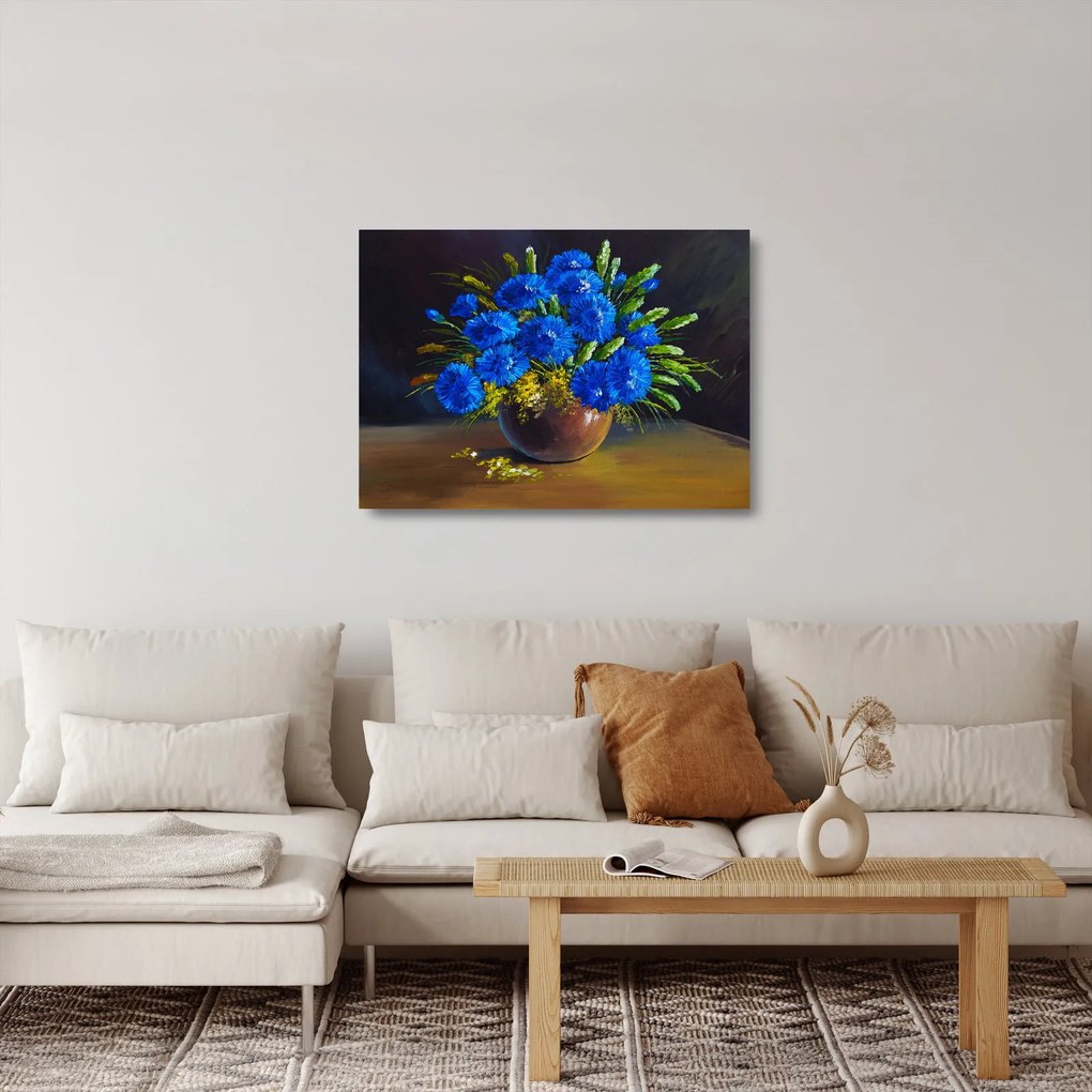 Obraz na szkle niebieskich kwiatów w wazonie (70x50 cm)