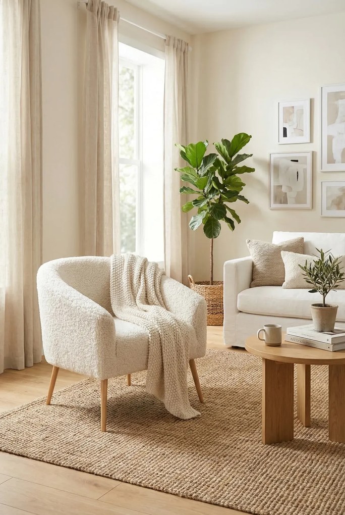 Nowoczesny boucle fotel wypoczynkowy kremowy+naturalny C2-F70