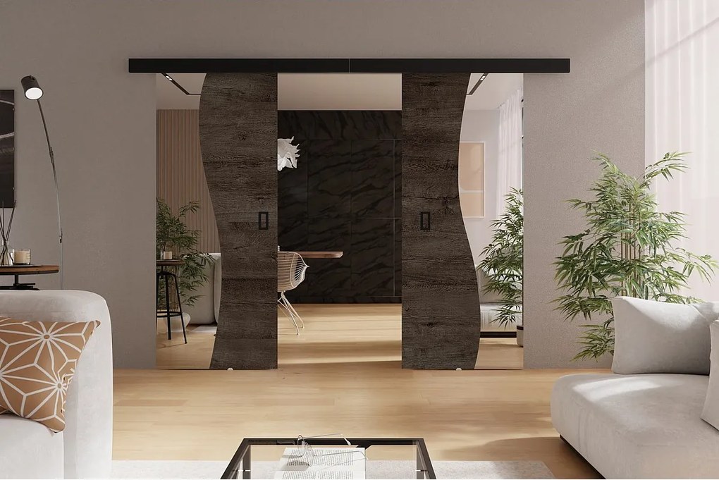 Emporius drzwi przesuwne 130 cm Kaja Duo - drzwi naścienne z lustrem do salonu, garderoby - Jesion ciemny