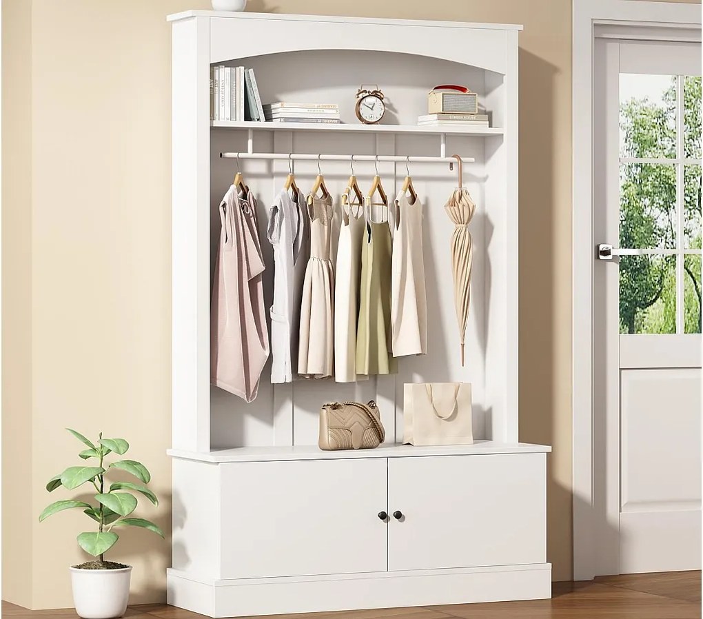 Nowoczesna szatnia - z wieszakami i przechowywaniem butów - Ławka z miejscem do przechowywania - z hakami - Biały