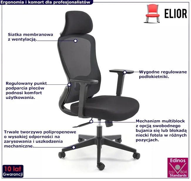 Czarny ergonomiczny obrotowy fotel z funkcją multiblock i z zagłówkiem - Montres