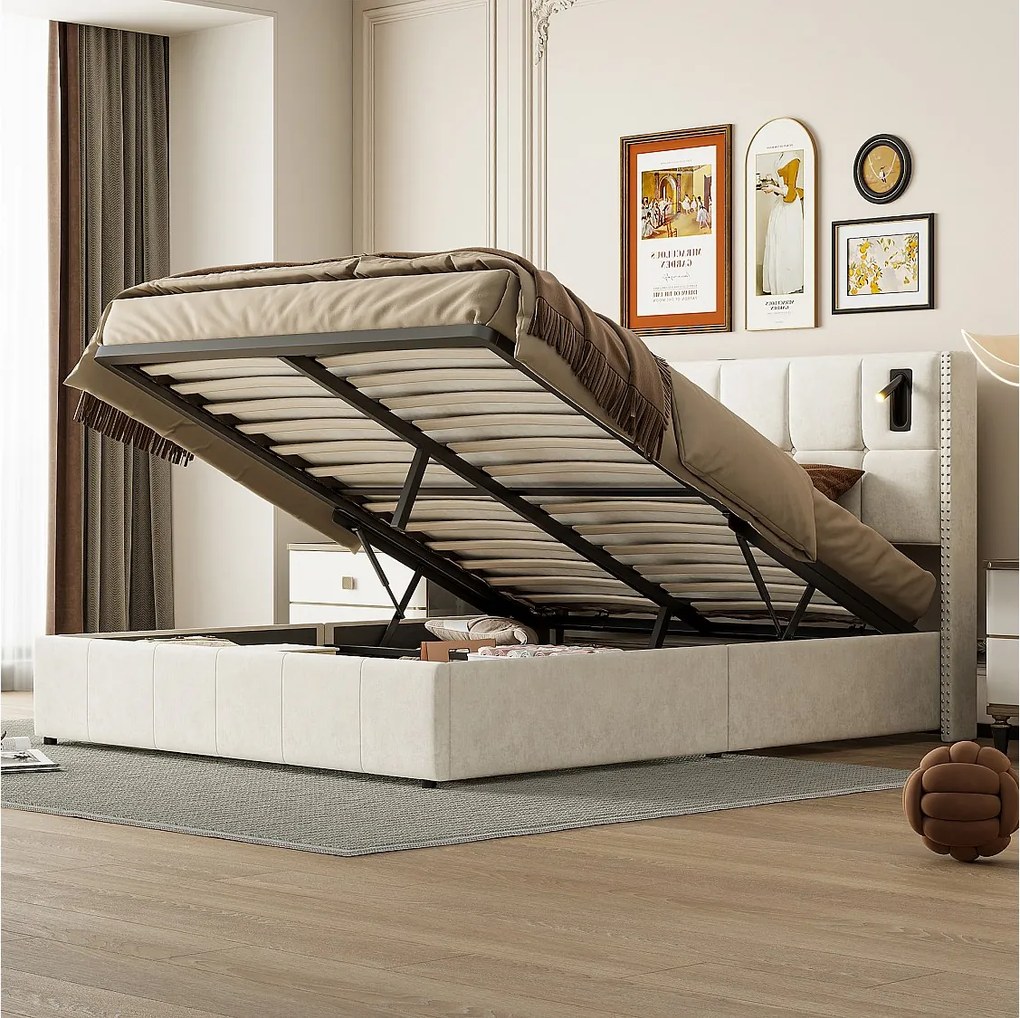 Łóżko z pojemnikiem 140x200 cm z podstawą, Łóżko tapicerowane z portem USB i Type-C, LED, Aksamit, Beż