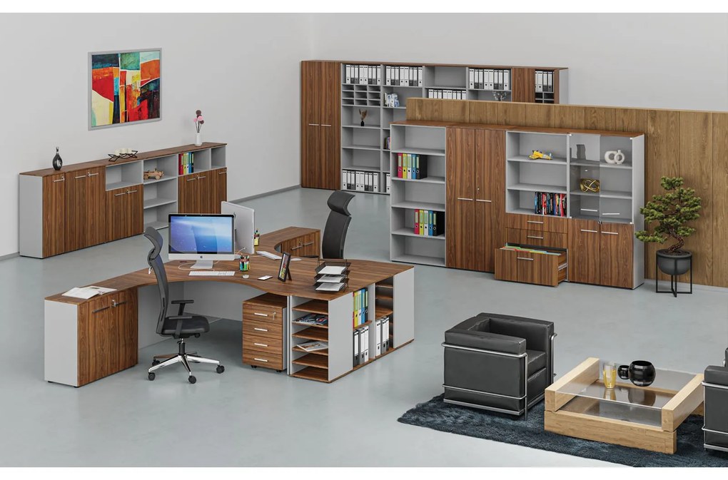 Szafa biurowa kombinowana PRIMO GRAY, drzwi przesuwne na 2 poziomach, 800 x 420 x 1434 mm, szary/orzech