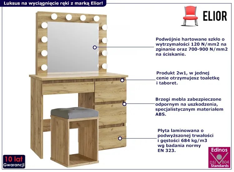 Zestaw toaletka podświetlana z taboretem dąb craft - Eldrid