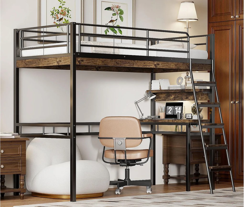 Łóżko mezzanine 90x200cm - z biurkiem + półkami + barierkami - Czarny