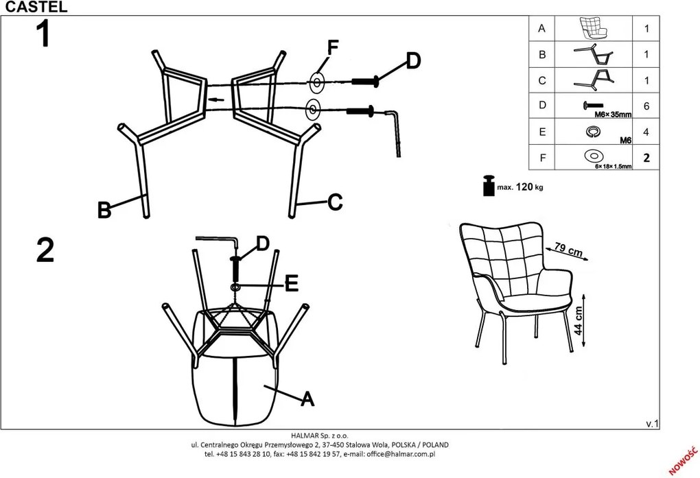 Pikowany fotel wypoczynkowy z podłokietnikami Castel
