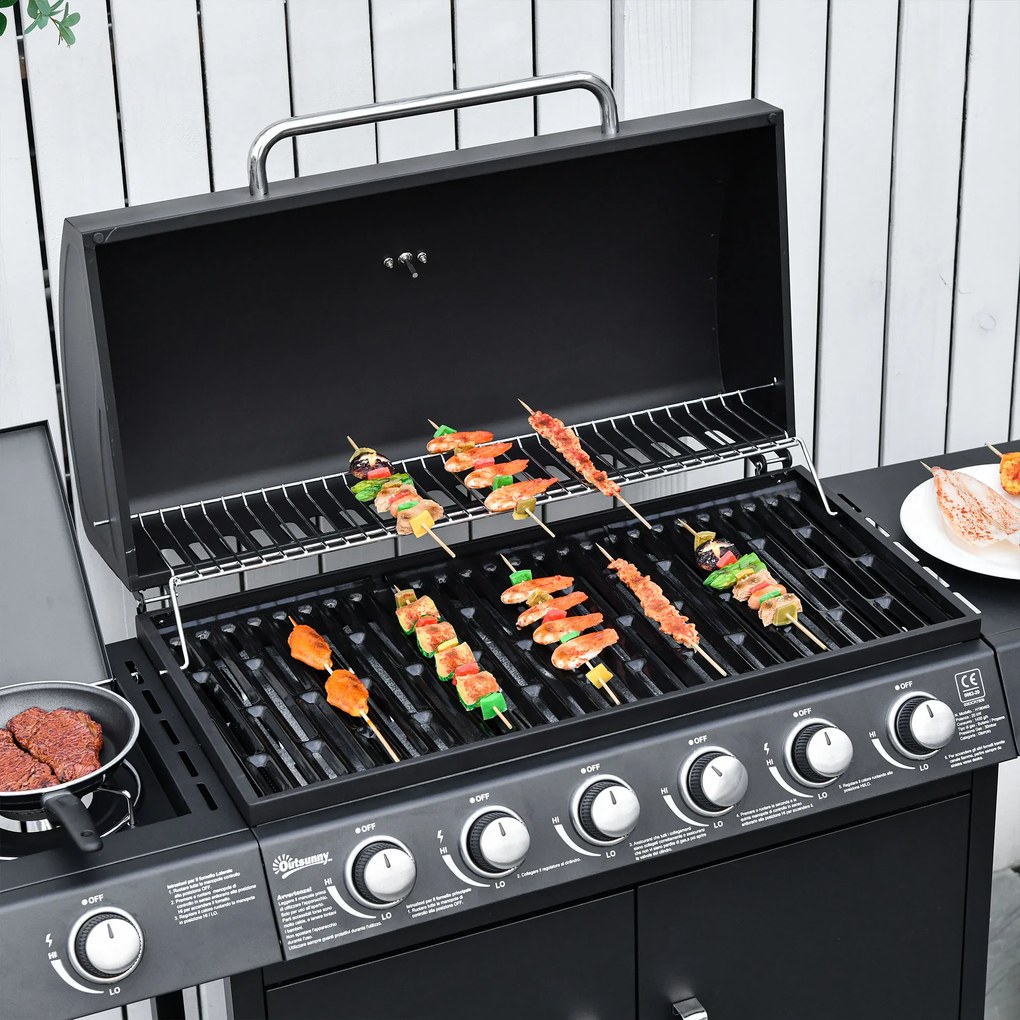 Outsunny Grill gazowy grill na kółkach z 7 palnikami szafka wielofunkcyjny metal czarny