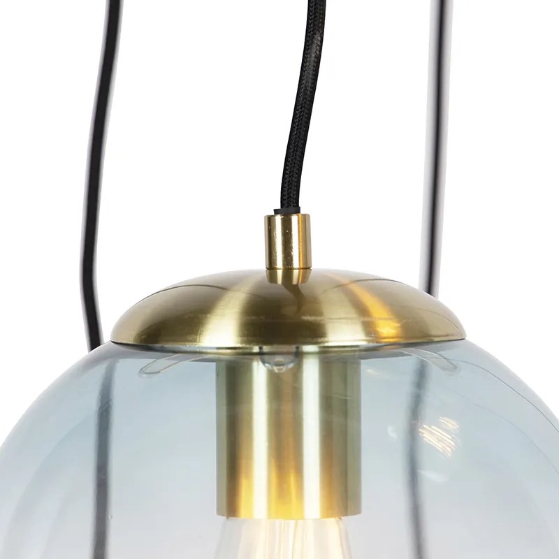 Lampa wisząca w stylu art deco mosiądz z niebieskim szkłem 7-światłowa - Pallon ArtDeco Oswietlenie wewnetrzne
