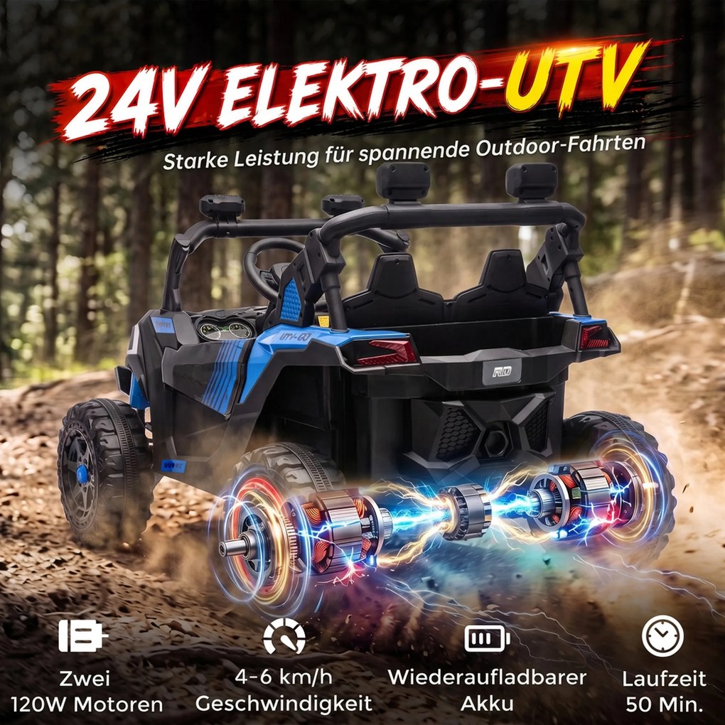 AIYAPLAY Elektryczne auto dla dzieci 24V 2-osobowe UTV z baterią litową, pilot 2,4 GHz, 2 x 120W silniki, softstart | Aosom PL