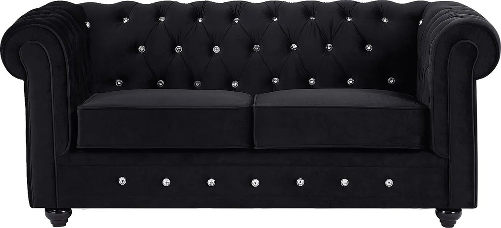Kanapa 2 osobowa z czarnego weluru z guzikami w kształcie kryształków - CHESTERFIELD