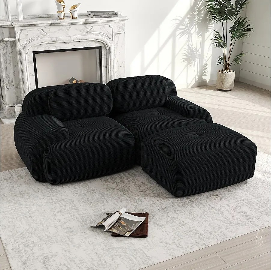 Narożnik z zaokrąglonymi podłokietnikami - sofa 2-osobowa z oparciem i ozdobnymi poduszkami - czarny sztruks