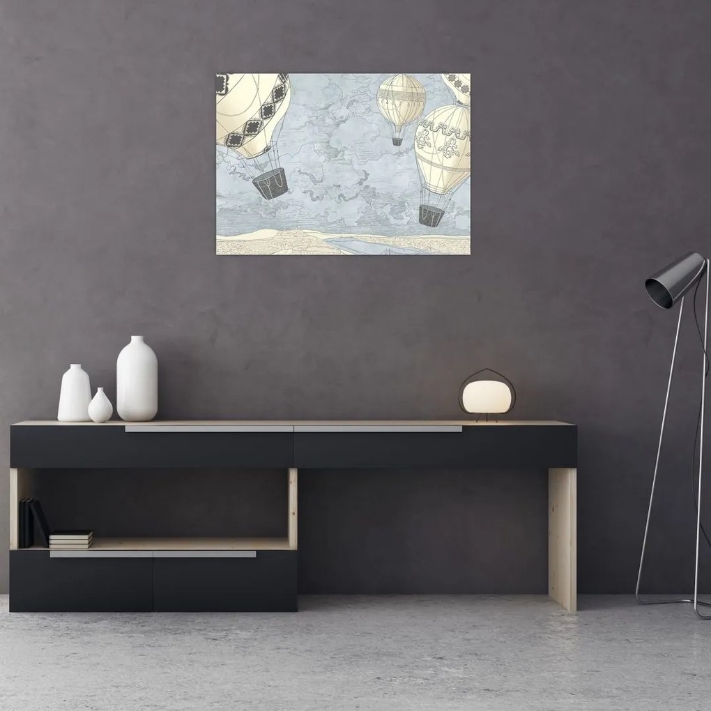 Obraz na szkle - Balony nad miastem, zimne odcienie (70x50 cm)