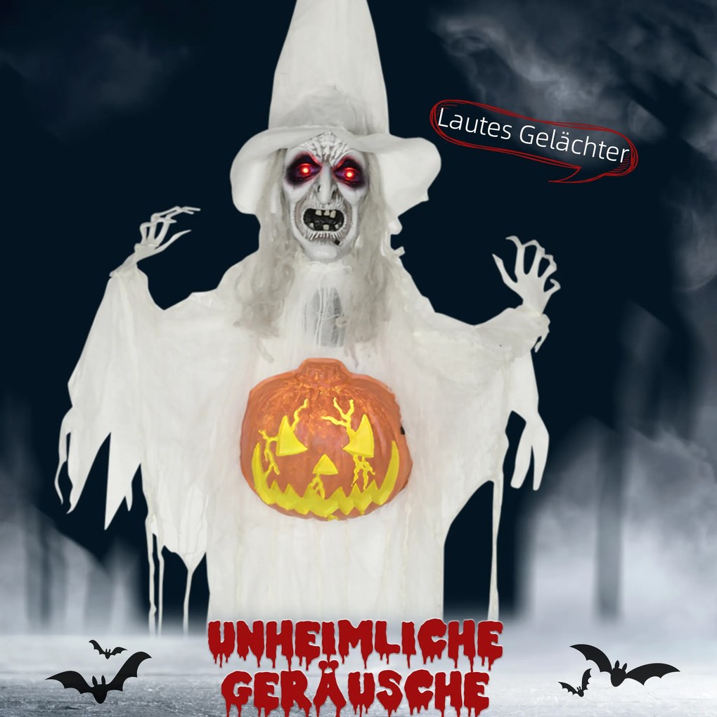 HOMCOM Duch na Halloween, Dekoracja na Halloween, Funkcja dźwięku, z czujnikiem ruchu i światłami LED, 60 cm x 18 cm x 183 cm