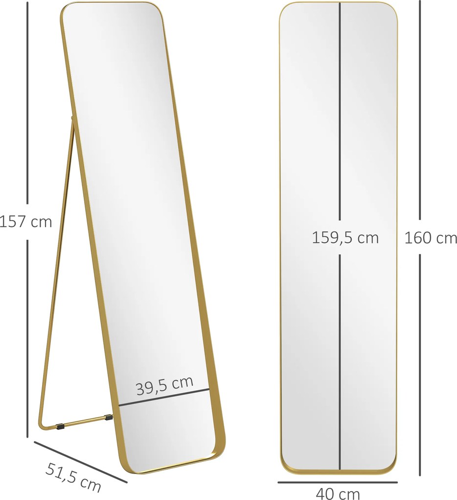 HOMCOM Lustro całego ciała, wolnostojące, regulowane, ramka metalowa, MDF, 160 x 40 cm, Złote