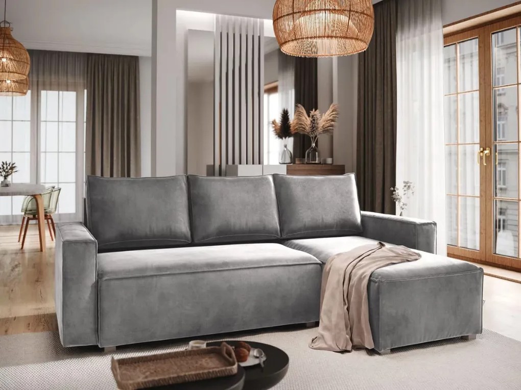 PROMOCJA Jasnoszara rozkładana narożna sofa CAVELO, dwustronna II jakość