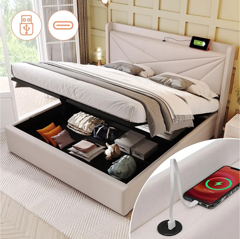 Łóżko ze schowkiem 180 x 200 cm - USB + typ C - tkanina lniana - beż