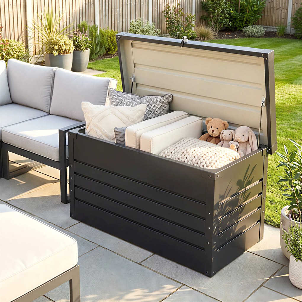 Outsunny Skrzynia ogrodowa metalowa 450 l skrzynia na poduszki z dwuwarstwową pokrywą 120 x 61 x 62 cm wodoodporna zamykana Szary | Aosom PL