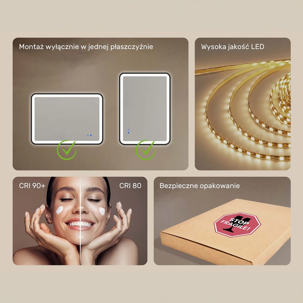 Zaokrąglone lustro z podświetleniem LED w czarnej aluminiowej ramie