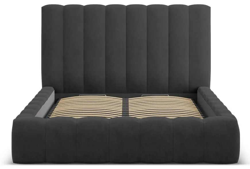 Antracytowe tapicerowane łóżko dwuosobowe ze schowkiem i stelażem 200x200 cm Kelp – Micadoni Home