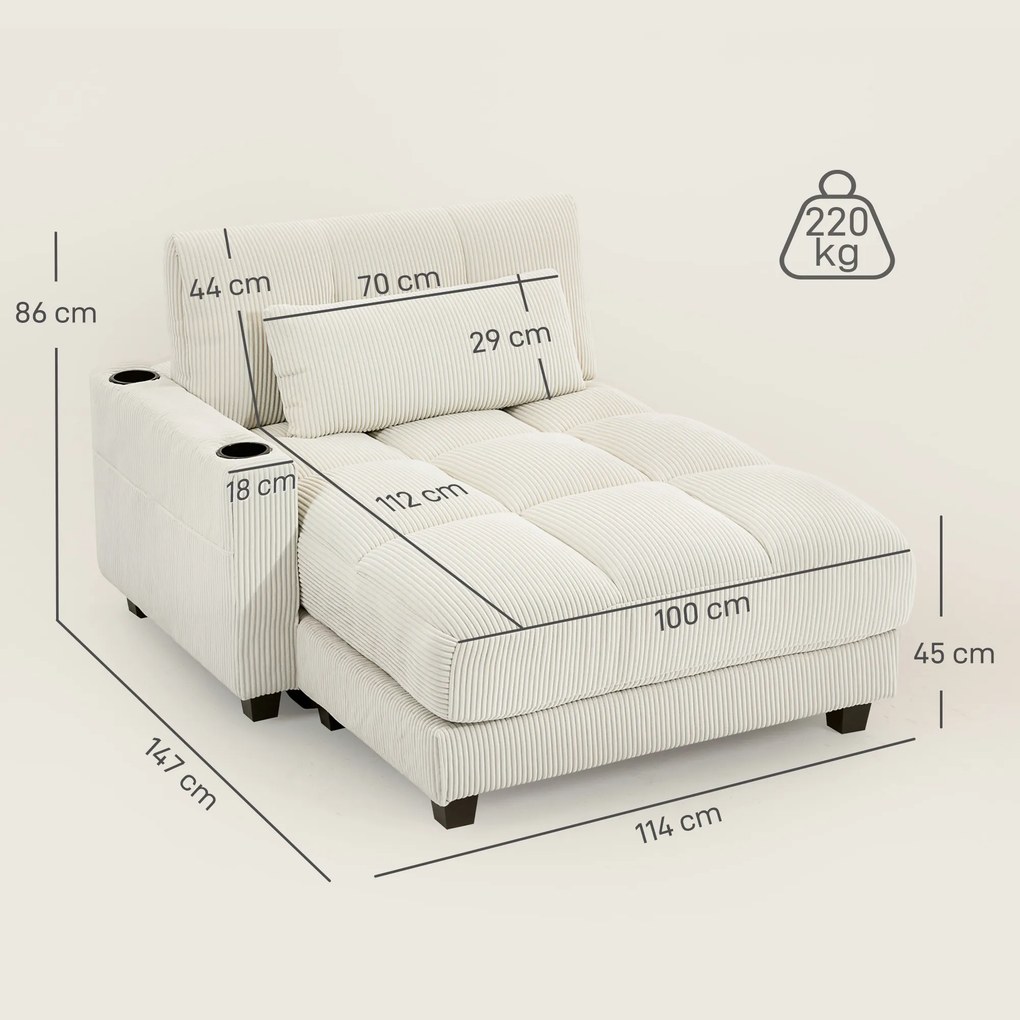 HOMCOM Sofa-łóżko z poduszką, pianka, przekształcalna w łóżko, uchwyt na kubek, kremowy