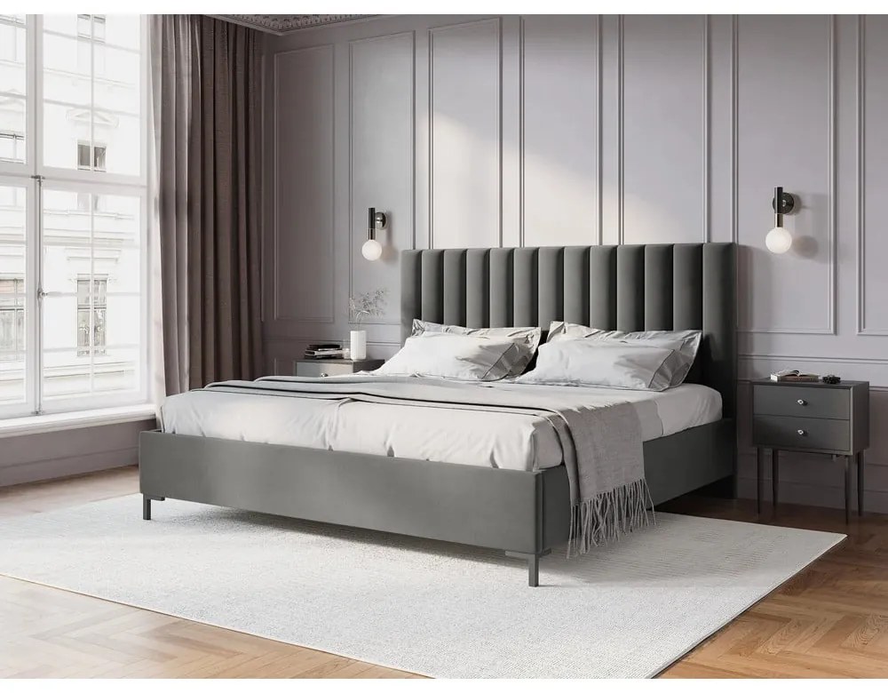 Szare tapicerowane łóżko dwuosobowe ze schowkiem i stelażem 180x200 cm Casey – Mazzini Beds