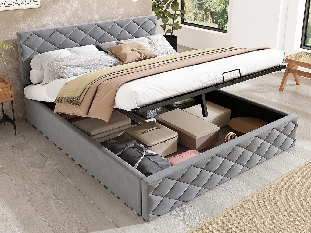 Łóżko ze schowkiem i regulowanym zagłówkiem - 140 x 200 cm - aksamit - stelaż z listew - styl skandynawski - szary