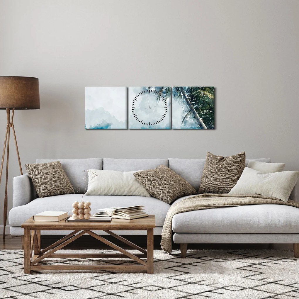 Obraz palmy nad morzem (z zegarem) (90x30 cm)