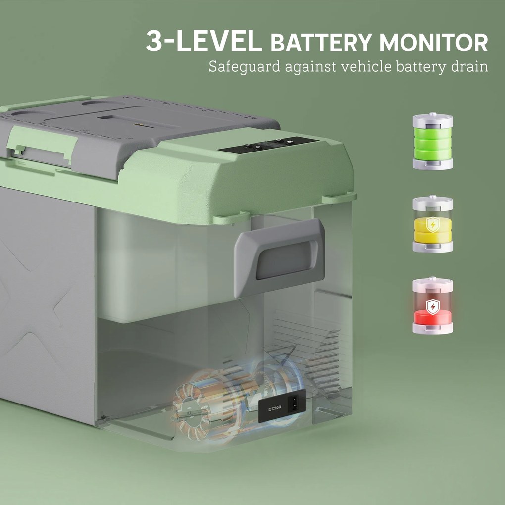 Outsunny 24,2 L Lodówka Campingowa, Lodówka Samochodowa z LED, Adaptory AC i DC, Cicha Praca, Szara+Zielona