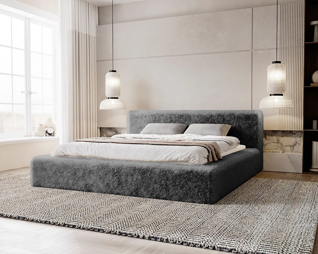 Emporius Alros łóżko tapicerowane 180x200 cm - tkanina futerkowa, łóżko dwuosobowe z pojemnikiem, ciemny szary (Lapit 16)