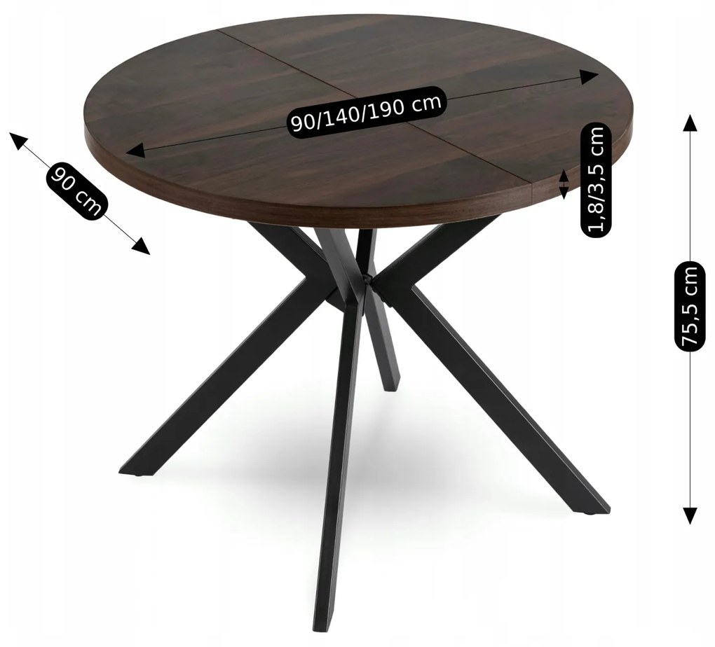 Stół Okrągły Rozkładany LUGO 90-190 cm Orzech/Czarny Loft