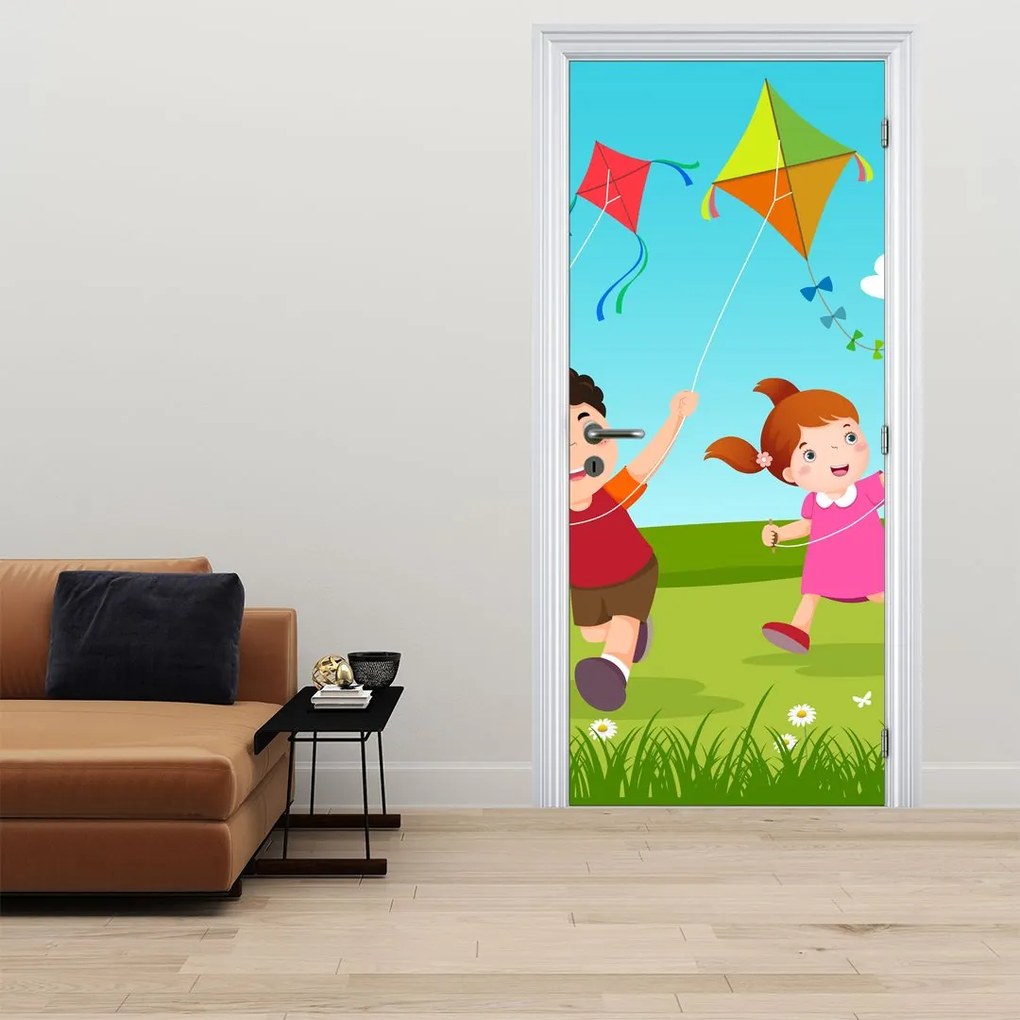 Fototapeta na drzwi - Dzieci puszczające latawca (95x205cm)
