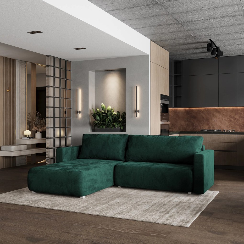 Masseno Narożnik TURIN z funkcją spania i pojemnikiem na pościel Narozniki L, Rozkładana sofa - Butelkowa zieleń, MONOLITH 37