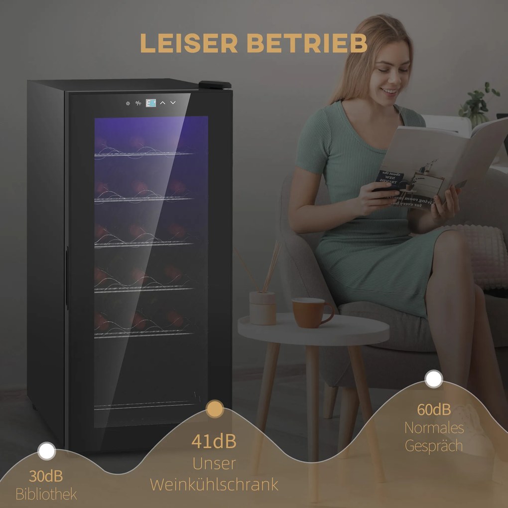 HOMCOM Lodówka na Wino, Cicha, 5-18°C, Dotykowy, Oświetlenie, 34,5x45x78cm, Czarna