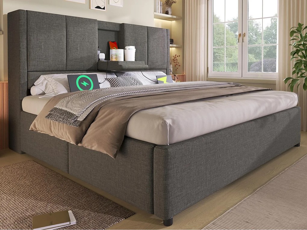 Tapicerowane łóżko z pojemnikiem 140x190cm - z ukrytym schowkiem na kubki - z portami USB i Type-C - z stelażem lamelowym - Len - Szary (bez materaca)