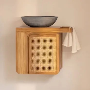 Zestaw Mebli Łazienkowych Wiszących Na Ścianie Z Drewna Tekowego Georgy Drewno Tekowe & Okrągły Szary Cement Ø40 - Sklum