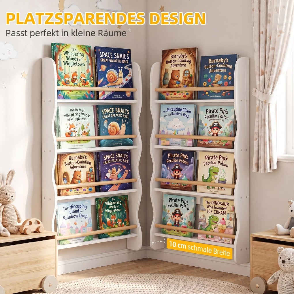 AIYAPLAY Regał na książki dla dzieci, regał z 4 półkami, regał ścienny z zabezpieczeniem antywywrotowym Montessori 60 x 10 x 98 cm, Biały | Aosom PL