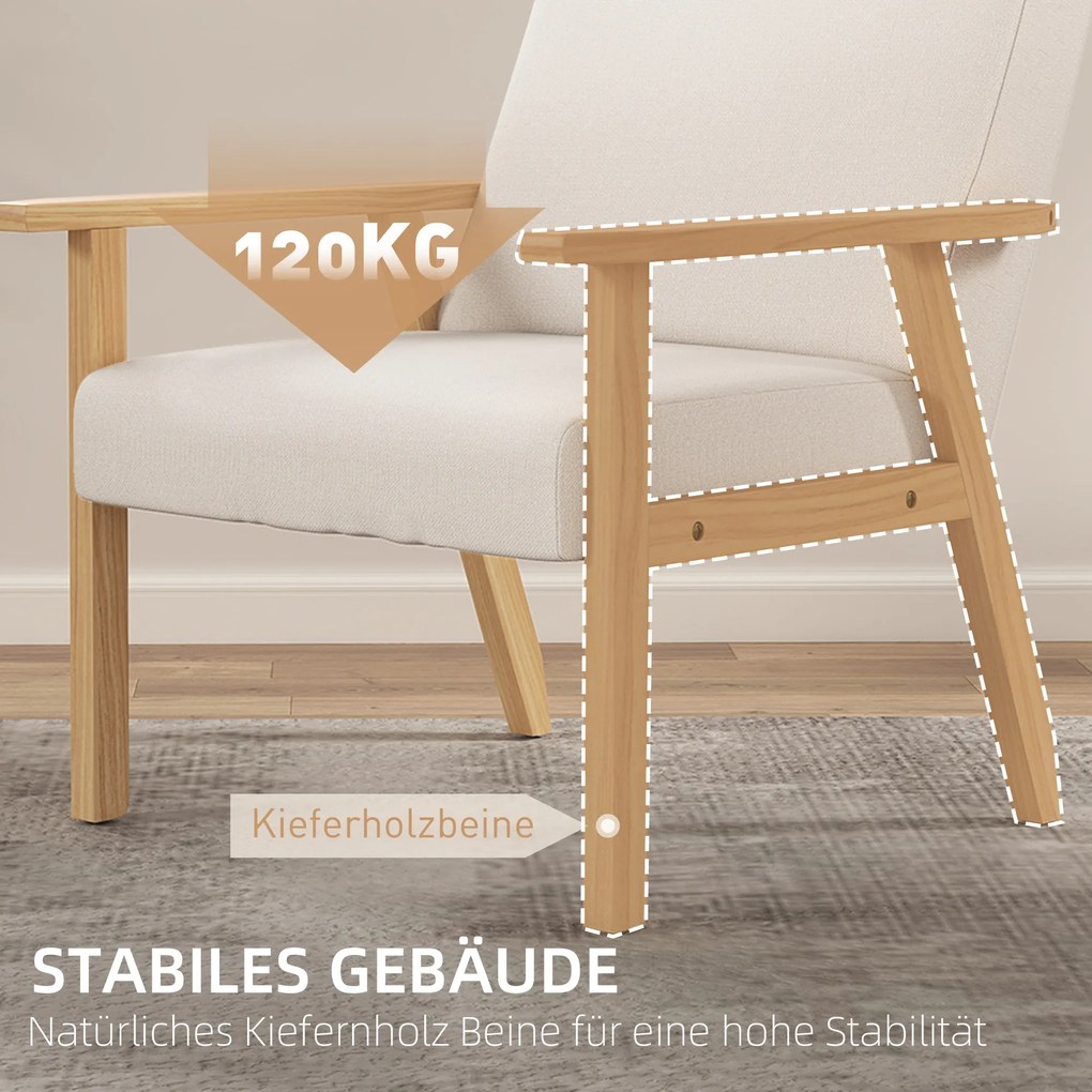 HOMCOM Fotel tapicerowany z podłokietnikami, krzesło do jadalni w wyglądzie lnu, rama z litego drewna, 64 x 70 x 72 cm, kremowy