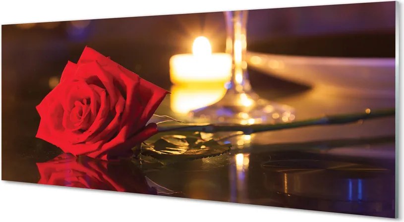 Szklany Panel Róża, Świeca i Kieliszek Wina