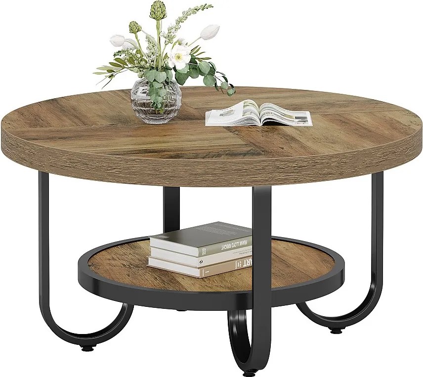 Okrągły stolik kawowy do salonu, stolik centralny z 2 poziomami i półką do przechowywania